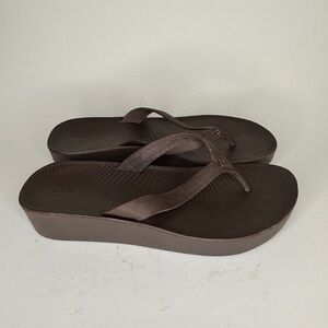 Olukai Women's Ao Loa Wedge Platform Sandals Brown Leather Flip Flops Size 10
